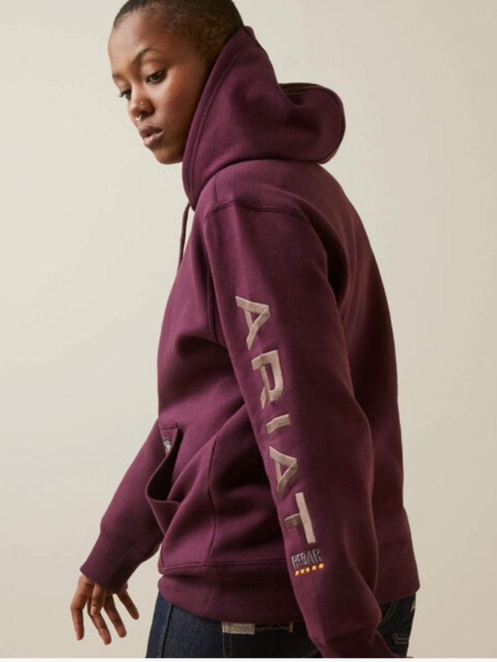 Ariat Womens Rebar Graphic Hoodie Maroon Kangaroo Pocket Size M Spellout Sleeve